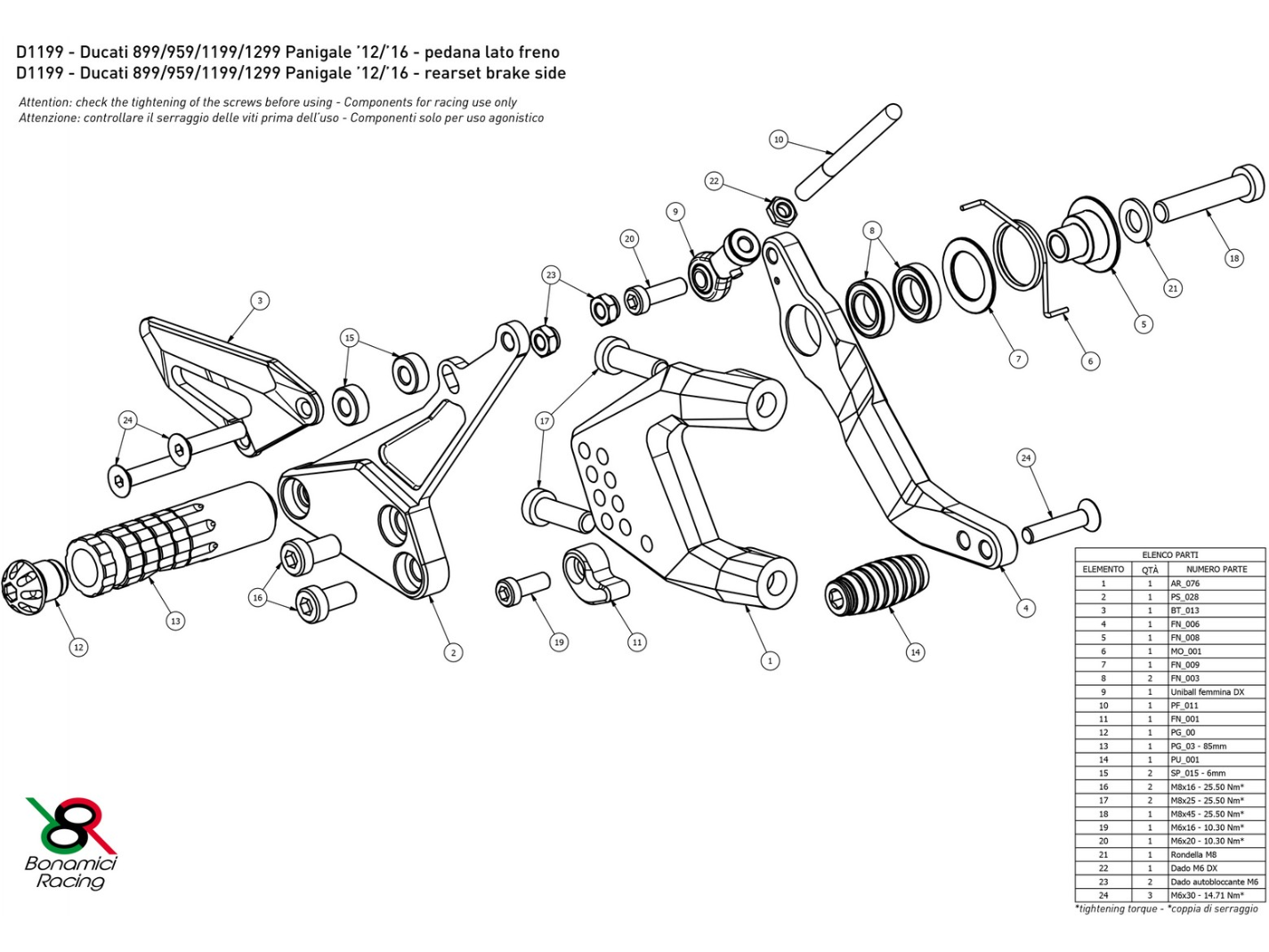 DV2 - BONAMICI RACING Ducati Panigale V2 (2012+) Adjustable Rearset