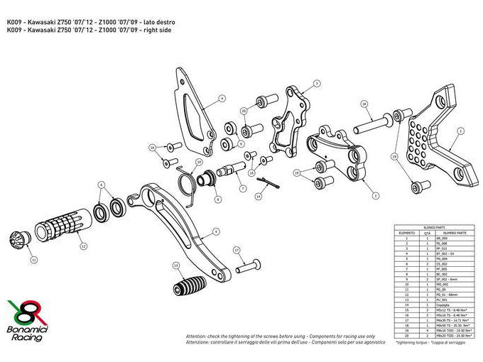K009 - BONAMICI RACING Kawasaki Z750 / Z1000 Adjustable Rearset