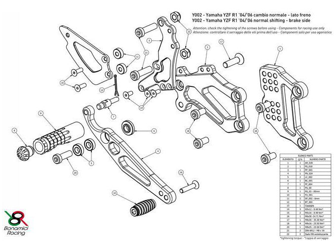 Y002 - BONAMICI RACING Yamaha YZF-R1 (04/06) Adjustable Rearset