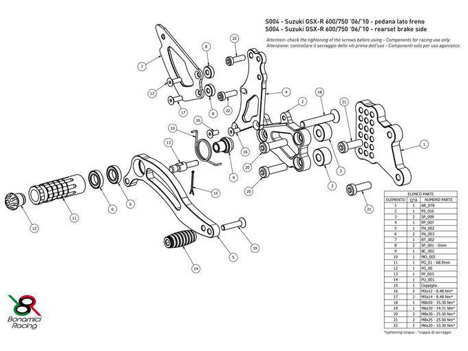S004 - BONAMICI RACING Suzuki GSX-R600 / GSX-R750 (06/10) Adjustable Rearset