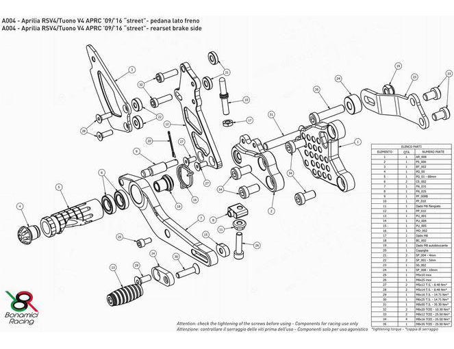 A004 - BONAMICI RACING Aprilia RSV4 / Tuono V4 (11/16) Adjustable Rearset (APRC; street)