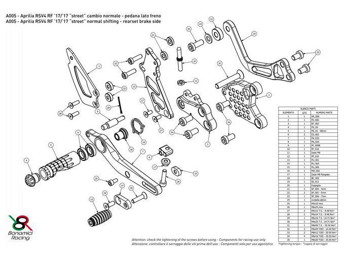 A005S - BONAMICI RACING Aprilia RSV4 / Tuono V4 (2017+) Adjustable Rearset (street; with brake light kit)