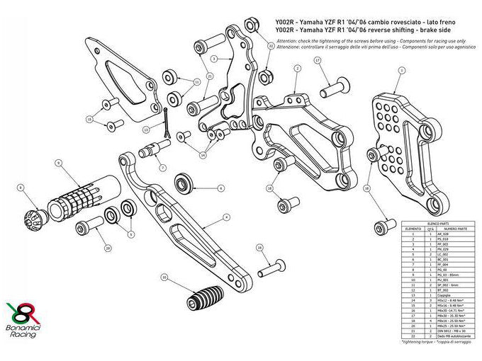 Y002R - BONAMICI RACING Yamaha YZF-R1 (04/06) Adjustable Rearset (reversed shift)