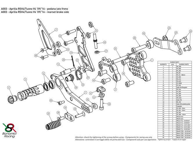 A003 - BONAMICI RACING Aprilia RSV4 / Tuono V4 (09/16) Adjustable Rearset