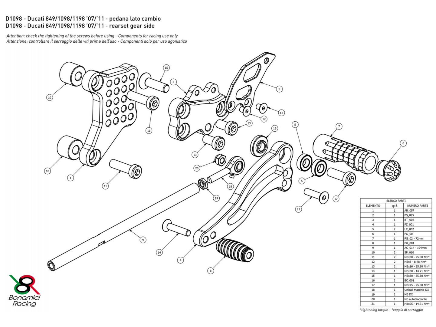 D1098 - BONAMICI RACING Ducati Superbike 1098 / 1198 / 848 Adjustable Rearset