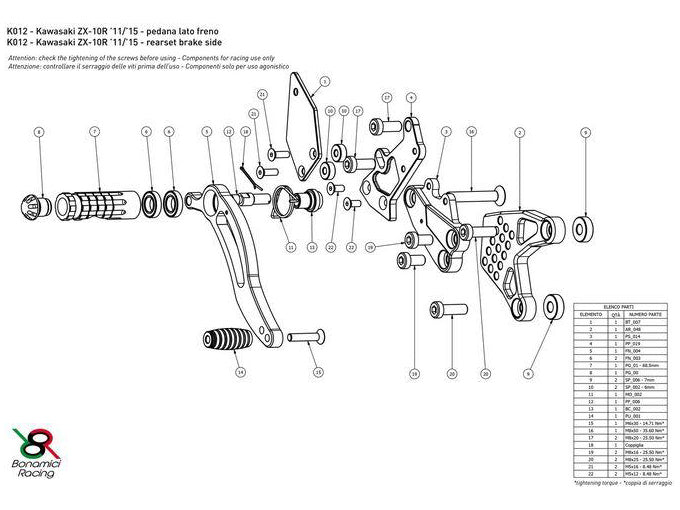 K012 - BONAMICI RACING Kawasaki ZX-10R (11/15) Adjustable Rearset