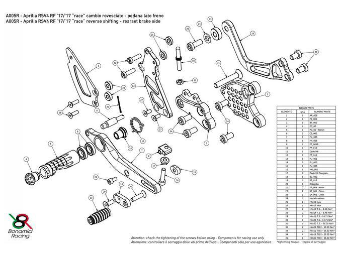 A005SR - BONAMICI RACING Aprilia RSV4 / Tuono V4 (2017+) Adjustable Rearset (racing; with brake light kit)