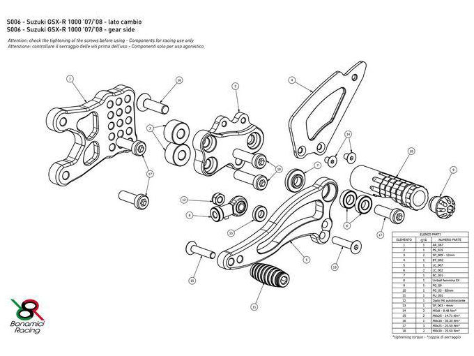 S006 - BONAMICI RACING Suzuki GSX-R1000 (07/08) Adjustable Rearset