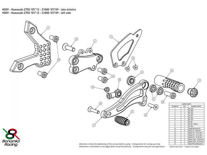 K009 - BONAMICI RACING Kawasaki Z750 / Z1000 Adjustable Rearset