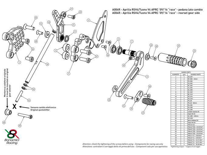 A004R - BONAMICI RACING Aprilia RSV4 / Tuono V4 (11/16) Adjustable Rearset (APRC; racing)