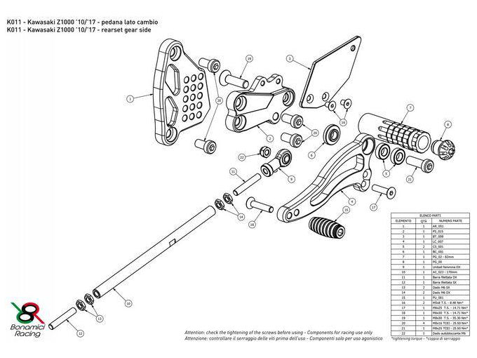 K011 - BONAMICI RACING Kawasaki Z1000 (10/20) Adjustable Rearset