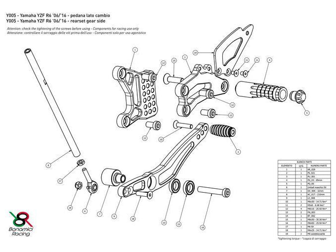 Y005 - BONAMICI RACING Yamaha YZF-R6 (06/16) Adjustable Rearset
