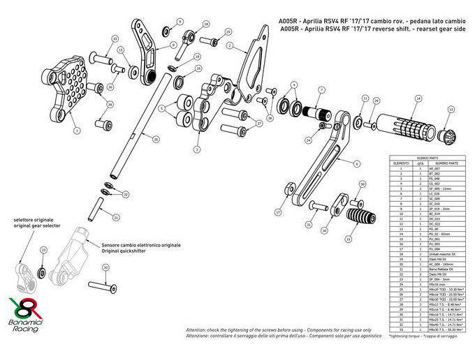 A005SR - BONAMICI RACING Aprilia RSV4 / Tuono V4 (2017+) Adjustable Rearset (racing; with brake light kit)