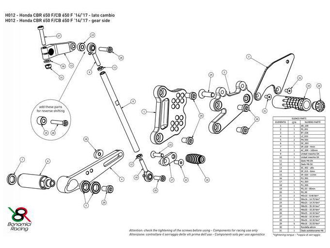 H012 - BONAMICI RACING Honda CBR650R / CB650 (2014+) Adjustable Rearset