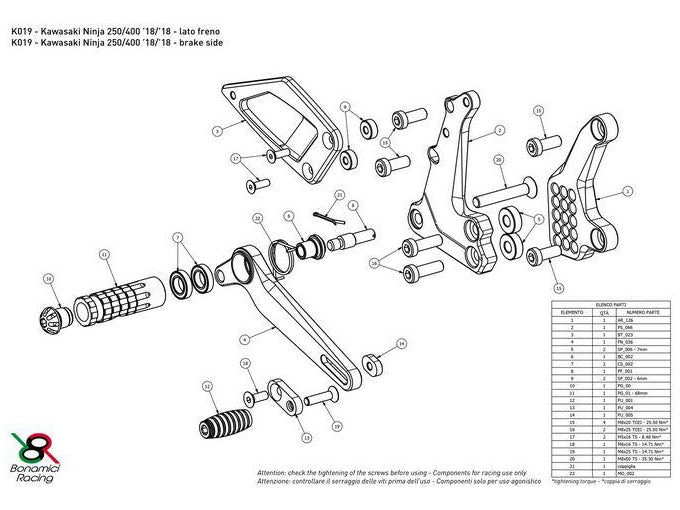 K019 - BONAMICI RACING Kawasaki Ninja 400 / 250 (2018+) Adjustable Rearset
