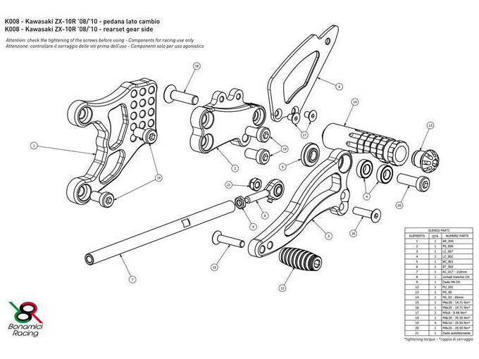 K008 - BONAMICI RACING Kawasaki ZX-10R (08/10) Adjustable Rearset