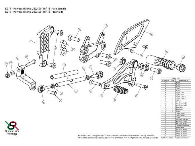 K019 - BONAMICI RACING Kawasaki Ninja 400 / 250 (2018+) Adjustable Rearset