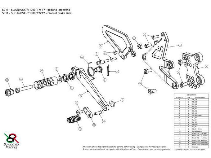 S011 - BONAMICI RACING Suzuki GSX-R1000 (2017+) Adjustable Rearset