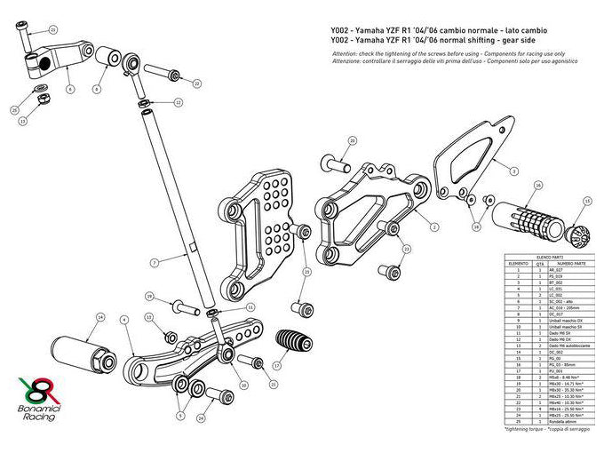 Y002 - BONAMICI RACING Yamaha YZF-R1 (04/06) Adjustable Rearset
