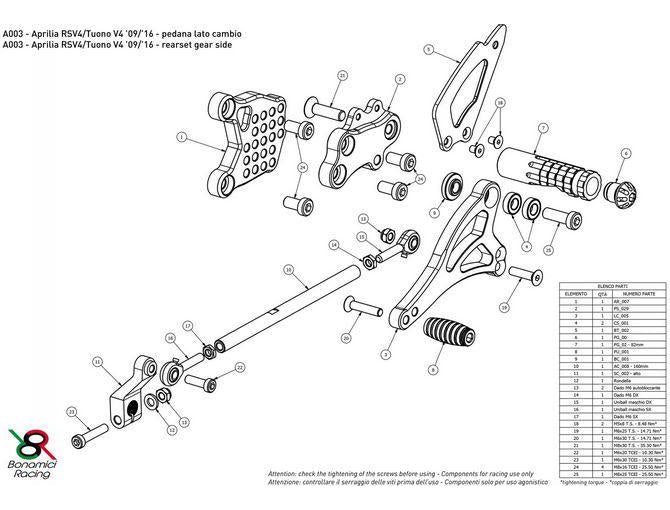 A003 - BONAMICI RACING Aprilia RSV4 / Tuono V4 (09/16) Adjustable Rearset