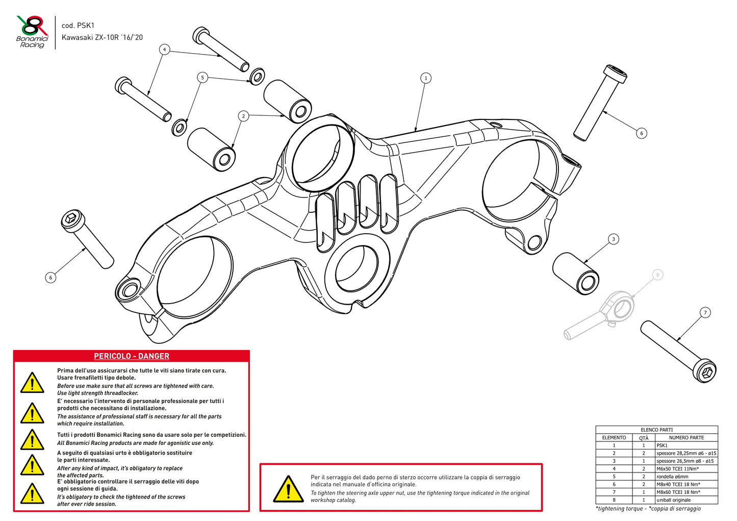 PSK1 - BONAMICI RACING Kawasaki ZX-10R (2016+) Triple Clamps Top Plate (street)