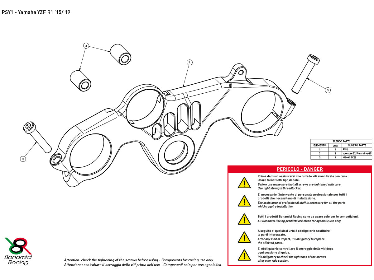 PSY1 - BONAMICI RACING Yamaha YZF-R1 (2015+) Triple Clamps Top Plate (street)