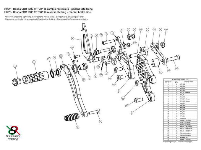 H009 - BONAMICI RACING Honda CBR1000RR (08/16) Adjustable Rearset (racing)