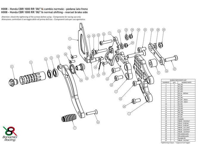 H008 - BONAMICI RACING Honda CBR1000RR (08/16) Adjustable Rearset (street)