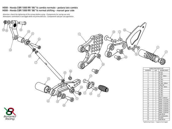 H008 - BONAMICI RACING Honda CBR1000RR (08/16) Adjustable Rearset (street)