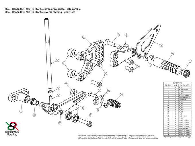 H006 - BONAMICI RACING Honda CBR600RR (07/20) Adjustable Rearset (racing)