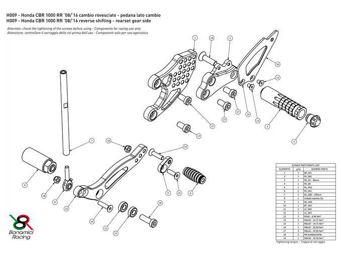 H009 - BONAMICI RACING Honda CBR1000RR (08/16) Adjustable Rearset (racing)