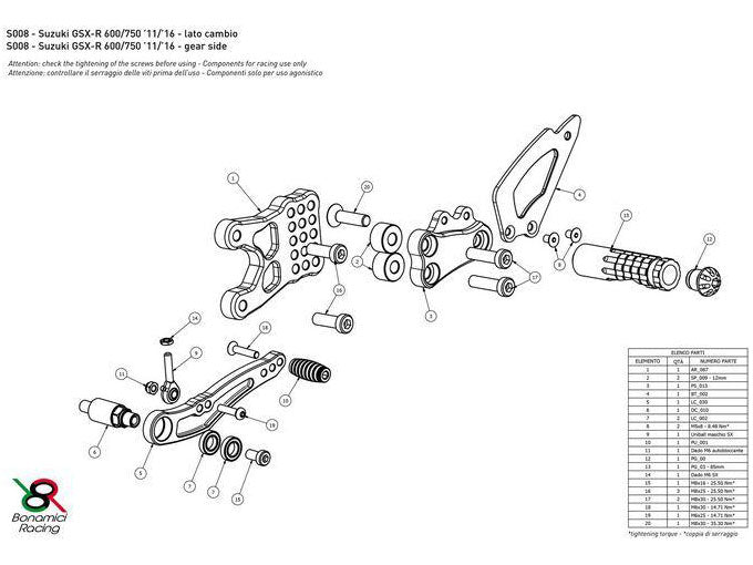 S008 - BONAMICI RACING Suzuki GSX-R600 / GSX-R750 (11/18) Adjustable Rearset