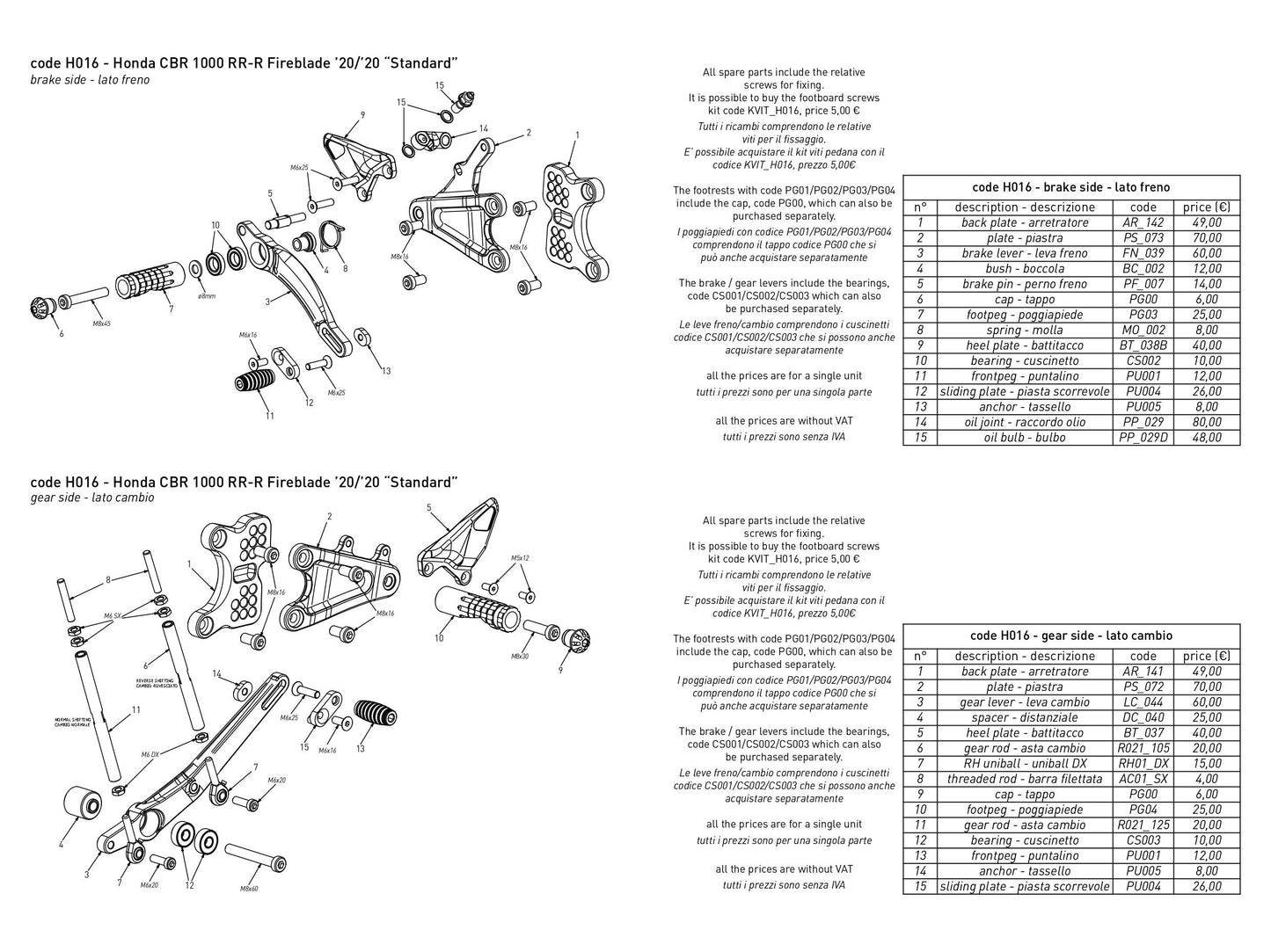 H016 - BONAMICI RACING Honda CBR1000RR-R (2020+) Adjustable Rearset (street)