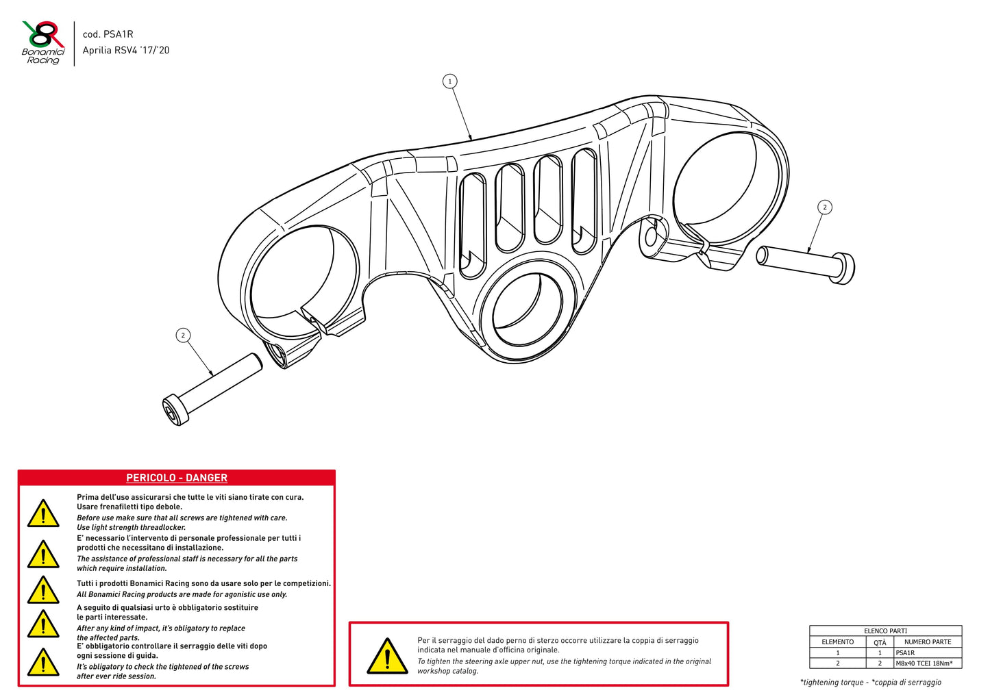 PSA1R - BONAMICI RACING Aprilia RSV4 Triple Clamps Top Plate (racing)
