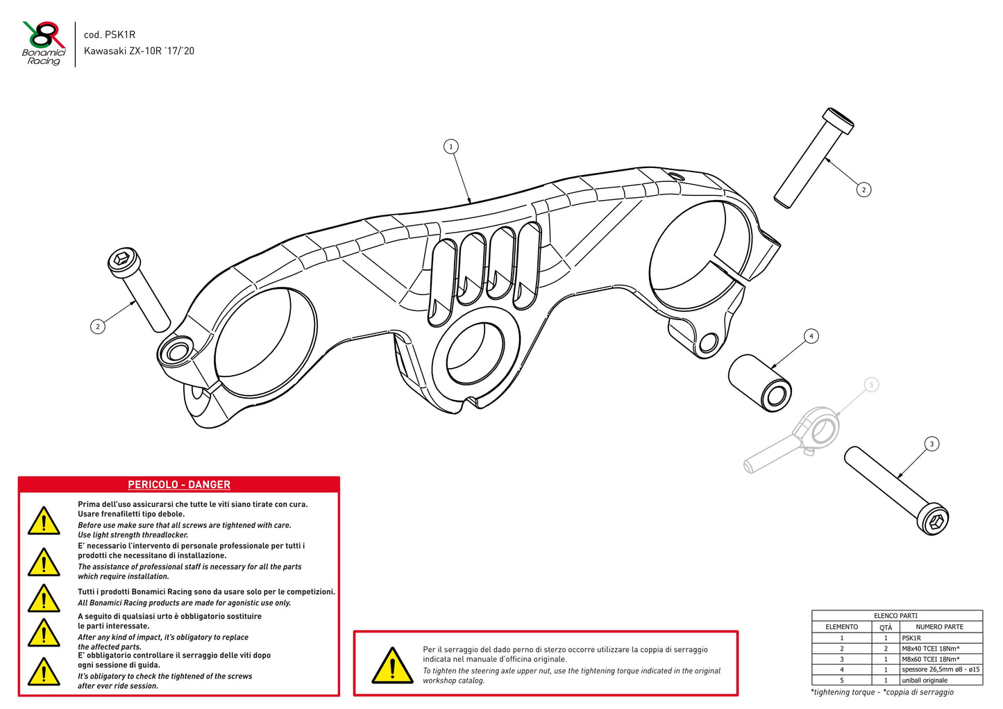 PSK1R - BONAMICI RACING Kawasaki ZX-10R (2016+) Triple Clamps Top Plate (racing)